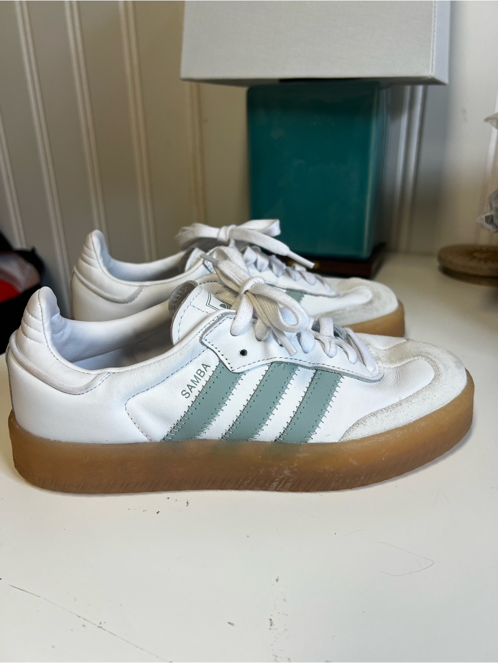 adidas 6.5  White Sneakers with Mint Green Stripes Samba